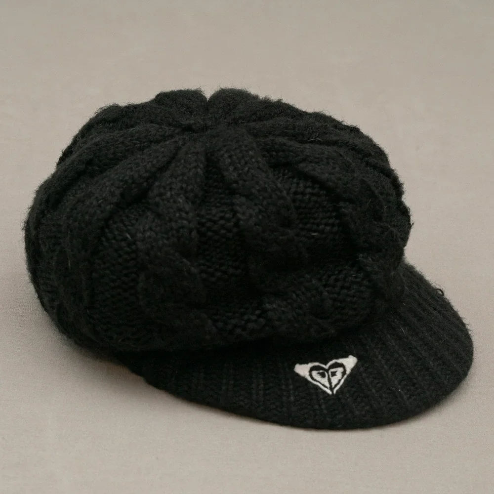 Vintage Y2K Roxy Surf Black Cable Knit Cap Hat Cadet Beanie Skater 90s Grunge